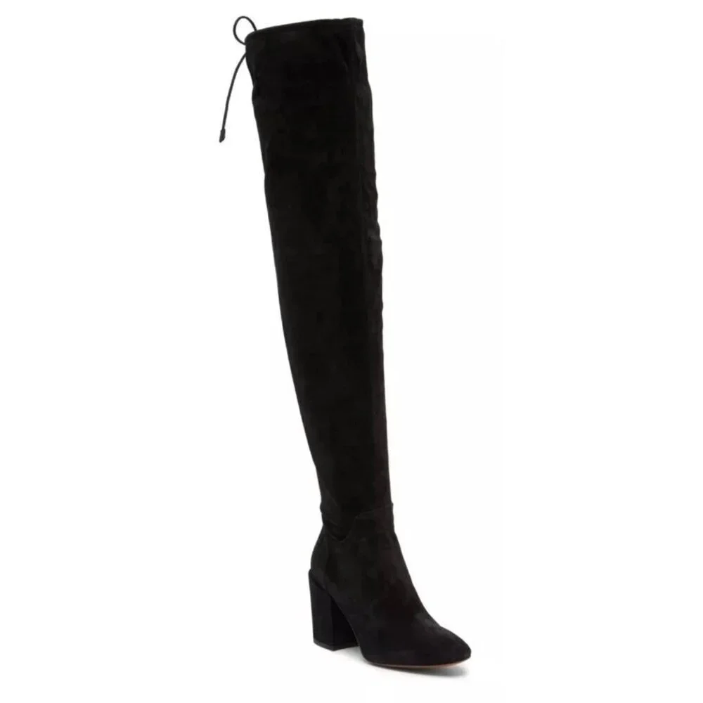 Aquatalia Women’s 6 Black Suede Over The Knee Boots Made in Italy Block Heel Tie